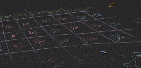 stylized artwork of a drawing  in chalk on playground pavement of a large schedule matrix